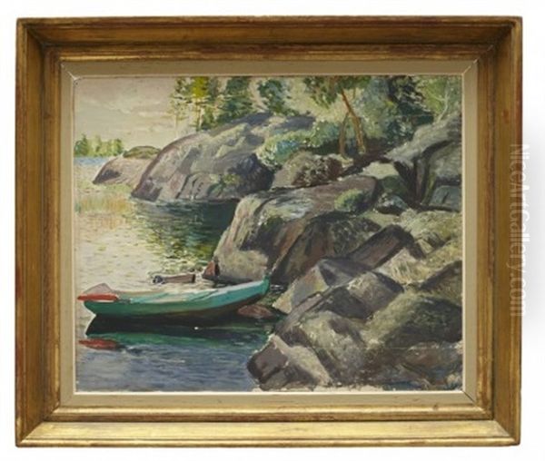 Strandparti Med Bat Fran Sjon Klemmingen Oil Painting by Leander Engstroem the Elder