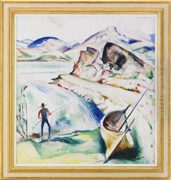 Fiskare I Fjallandskap, Abisko Oil Painting by Leander Engstroem the Elder