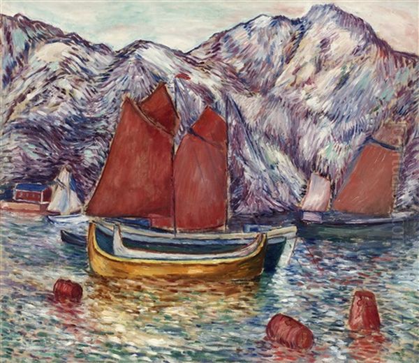 Fjordlandskap Med Segelbatar Oil Painting by Leander Engstroem the Elder