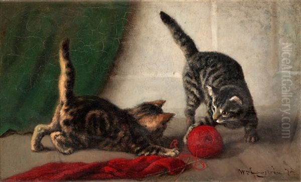 Katter Med Rott Garnnystan Oil Painting by Wilhelm Oscar Engstrom