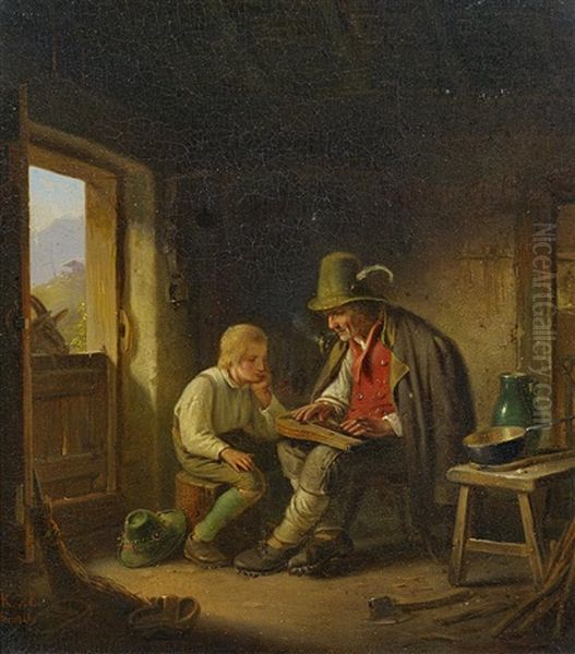 Zupfbrettspieler Und Bub In Der Stube Oil Painting by Karl Von Enhuber