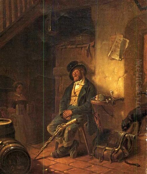 Schlafender Wandergeselle In Einem Munchner Wirsthaus Oil Painting by Karl Von Enhuber