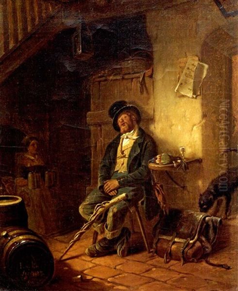 Schlafender Wandergeselle In Einem Munchner Wirtshaus Oil Painting by Karl Von Enhuber