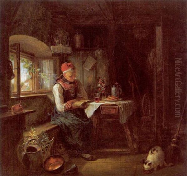 Lesende Bauerin In Der Stube Oil Painting by Karl Von Enhuber