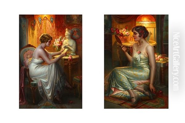 A Pair Of Portraits Of Glamorous Ladies At Their Dressing Tables Oil Painting by Delphin Enjolras