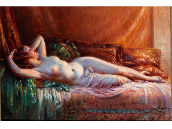 Liegender Frauenakt Auf Einem Sofa Mit Seidenkissen Oil Painting by Delphin Enjolras