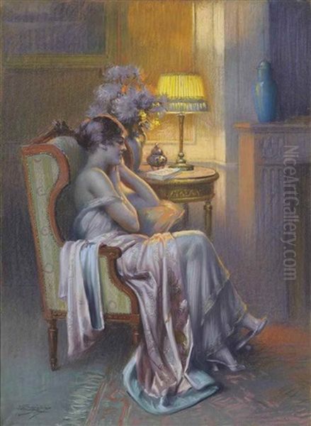 Contemplation By Lamplight Oil Painting by Delphin Enjolras