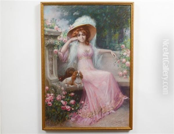 Portrait Of A Seated Woman With Spaniels Oil Painting by Delphin Enjolras