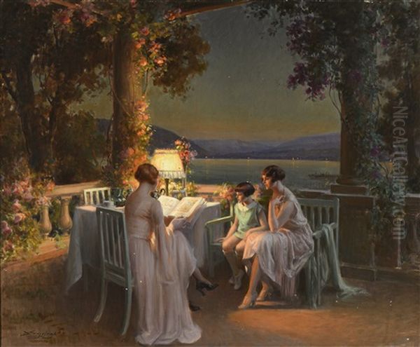 La Lecture Sur La Terrasse Au Bord Du Lac Oil Painting by Delphin Enjolras