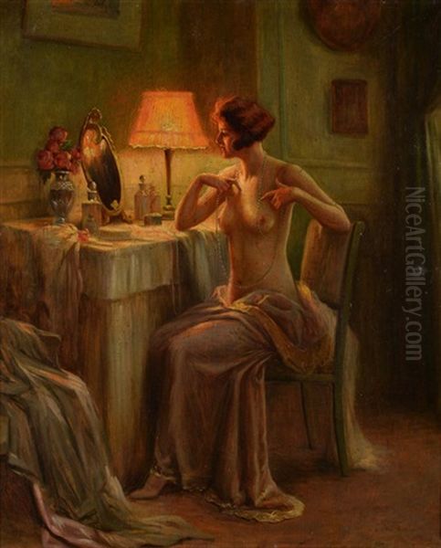 A Lady At Her Dressing Table By Lamplight Oil Painting by Delphin Enjolras