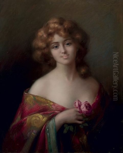 Jeune Fille A La Rose Oil Painting by Delphin Enjolras