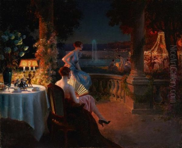 Jeunes Femmes Sous La Pergola, Devant Le Bal Oil Painting by Delphin Enjolras