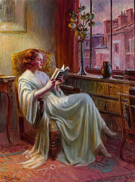 Portrait Einer Lesenden In Malerischer Bibliothek Mit Ausblick Auf Pariser Hauser In Abendlicher Beleuchtung Oil Painting by Delphin Enjolras