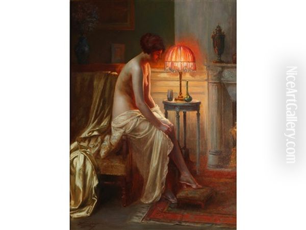 A Semi-nude Lady Seated Beside A Lamp In A Boudoir Oil Painting by Delphin Enjolras