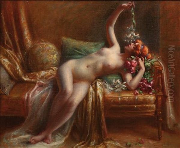 Jeune Femme Allongee A La Branche De Lys Oil Painting by Delphin Enjolras