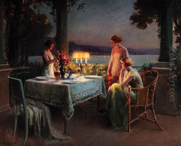 Diner Entre Amies Sur La Terrasse Oil Painting by Delphin Enjolras