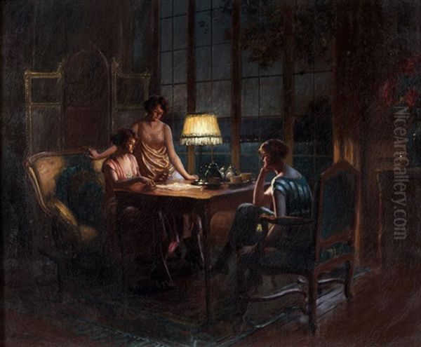 Jeunes Femmes Jouant Aux Cartes Oil Painting by Delphin Enjolras