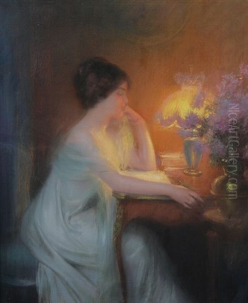 Lady Seated By A Lamp Oil Painting by Delphin Enjolras