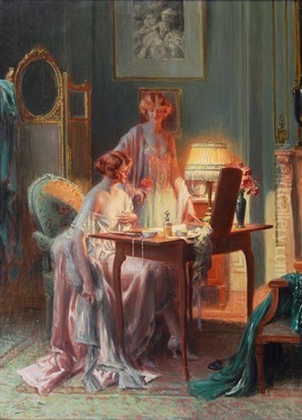 Two Ladies In A Boudoir Oil Painting by Delphin Enjolras