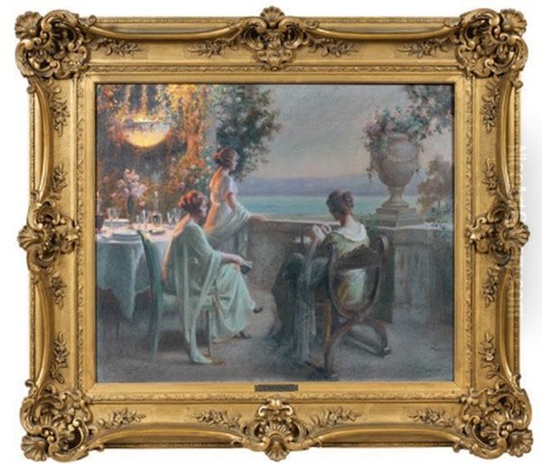 Trois Jeunes Femmes Sur Une Terrasse Devant Un Lac Oil Painting by Delphin Enjolras