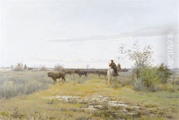 Kuhherde Mir Berittenen Hirten In Der Camargue Oil Painting by Delphin Enjolras