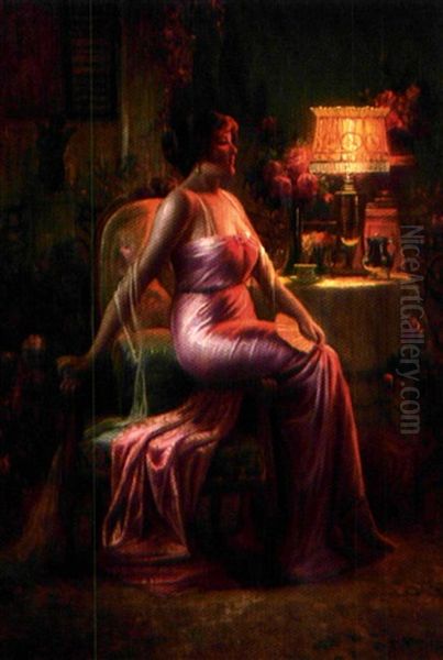 Jeune Femme Assise A L'eventail Dans Un Interieur Oil Painting by Delphin Enjolras