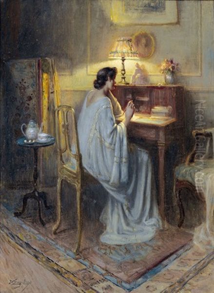 Interieur Mit Dame Am Schreibpult Oil Painting by Delphin Enjolras