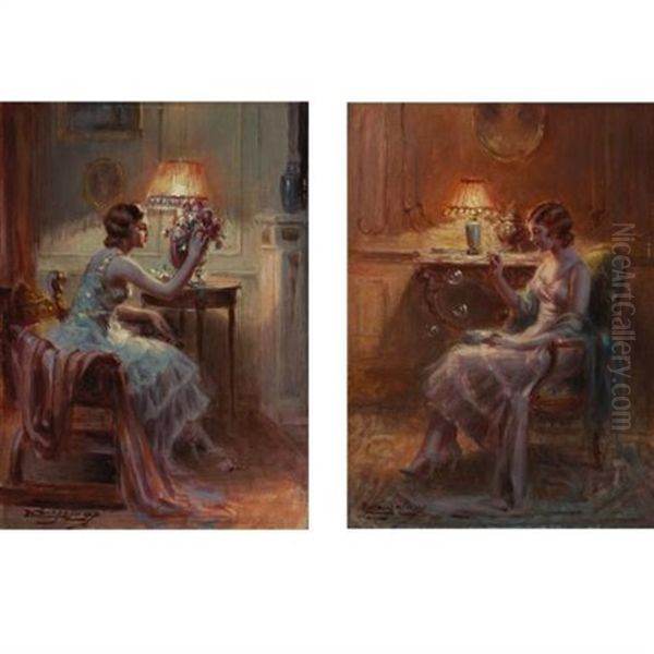 A Vase Of Roses (+ Soap Bubbles; Pair) Oil Painting by Delphin Enjolras