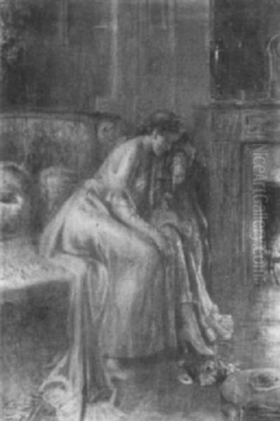 Jeune Femme Assise Pres D'une Cheminee Oil Painting by Delphin Enjolras