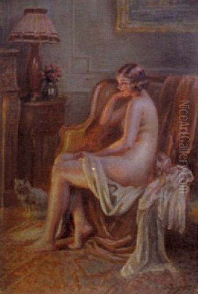 Femme Nue Assise Et Un Chat Oil Painting by Delphin Enjolras