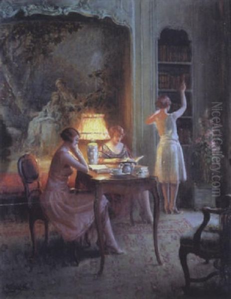 Seance De Lecture Oil Painting by Delphin Enjolras