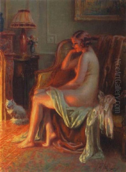 Nu Devant La Cheminee Oil Painting by Delphin Enjolras