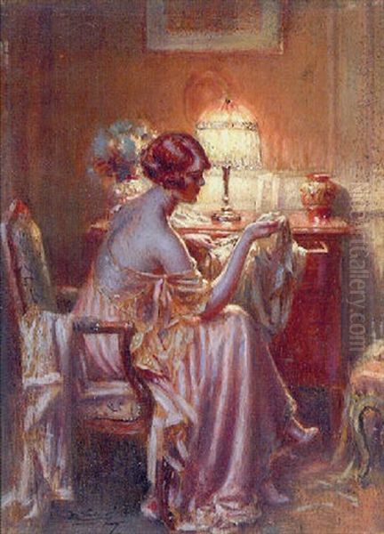 Jeune Femme En Deshabille Pres De La Lampe Oil Painting by Delphin Enjolras