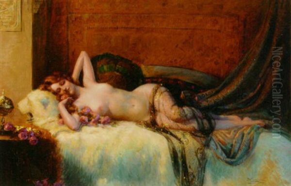 A Young Beauty Reclining On A Bed Oil Painting by Delphin Enjolras