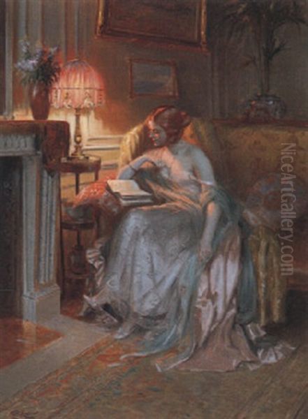 La Lecture Pres De La Lampe Oil Painting by Delphin Enjolras