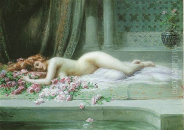 Nude By A Poolside, Surrounded By Pink Roses Oil Painting by Delphin Enjolras