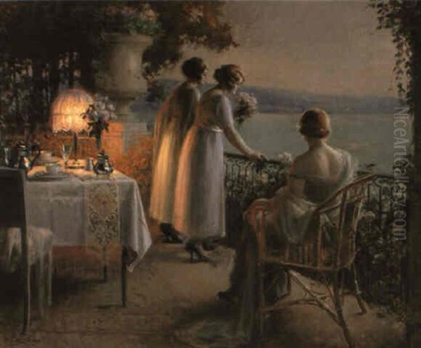 Girls On A Terrace Oil Painting by Delphin Enjolras