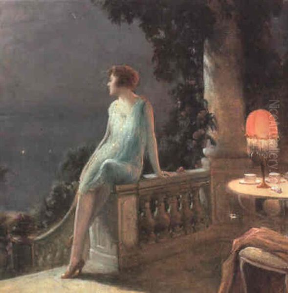 Femme A La Balustrade Oil Painting by Delphin Enjolras