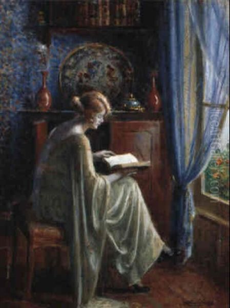 An Elegant Lady Reading In An Interior Oil Painting by Delphin Enjolras