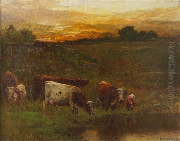 Kor Vid Vattenhalet I Gryningen Oil Painting by John Joseph Enneking