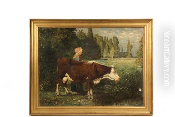 Woman With Cow Awaiting Shepherd With Flock Oil Painting by John Joseph Enneking