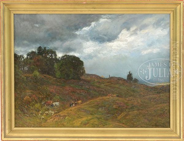 Landscape With Cows & Sheep Under Stormy Sky Oil Painting by John Joseph Enneking