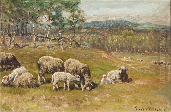 Sheep Grazing In A Landscape Oil Painting by John Joseph Enneking