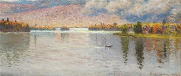 Rowing Across The Lake, A View Near Newry, Maine Oil Painting by John Joseph Enneking