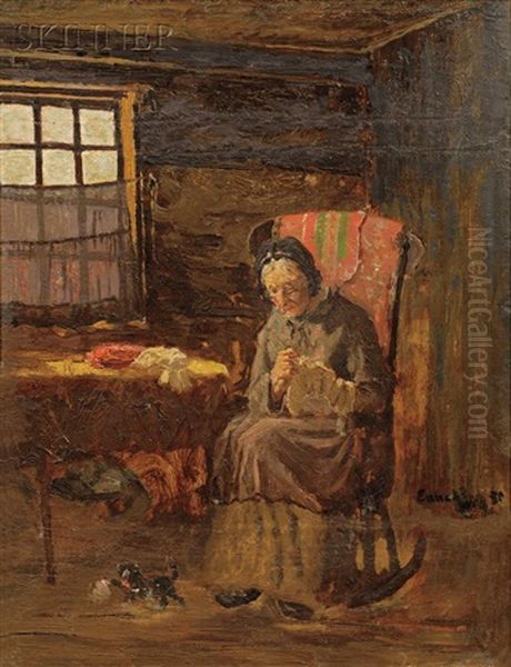 An Old Woman Sewing Oil Painting by John Joseph Enneking