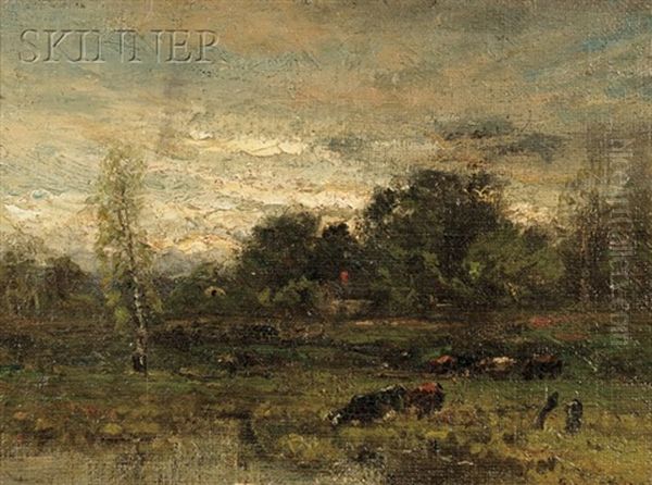 Cows Watering At Dusk Oil Painting by John Joseph Enneking