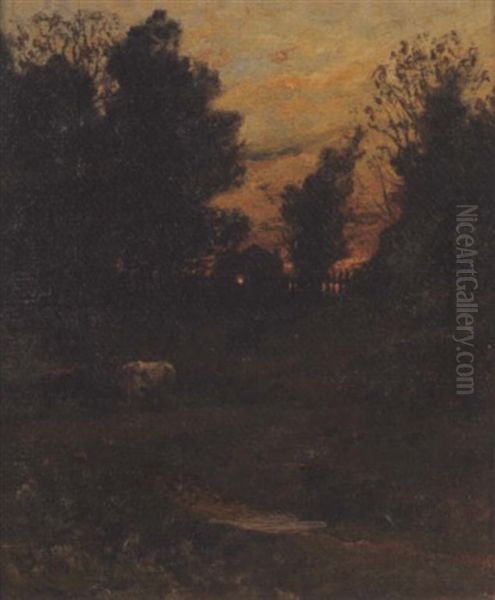 Cattle Grazing At Sunset Oil Painting by John Joseph Enneking