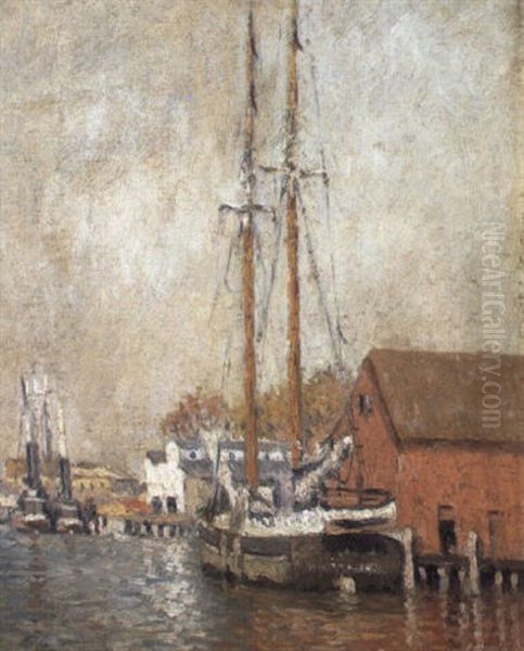 Along The Waterfront, Mystic, Connecticut Oil Painting by John Joseph Enneking