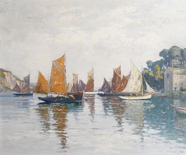 French Harbor Oil Painting by Augustus William Enness