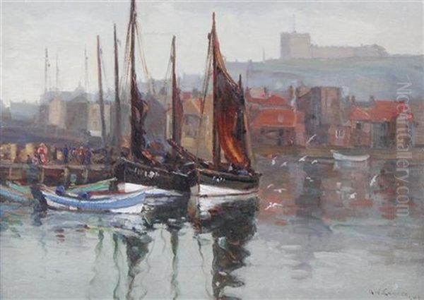 Fishing Boats In Harbour Oil Painting by Augustus William Enness